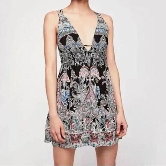 Free People Small Intimately Black Paisley Strappy V-Neck Slip Mini Dress - Picture 2 of 5
